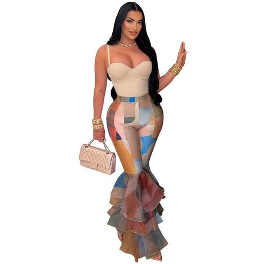 Popular Tie-Dye Printed Bell-Bottom Pants Ruffled Women's Pants