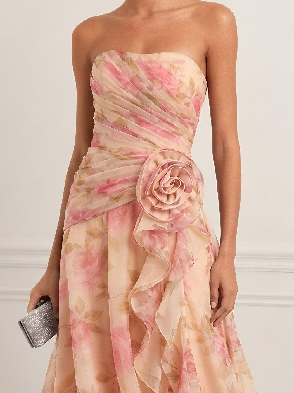 Peach Floral Strapless Ruffle Maxi Dress