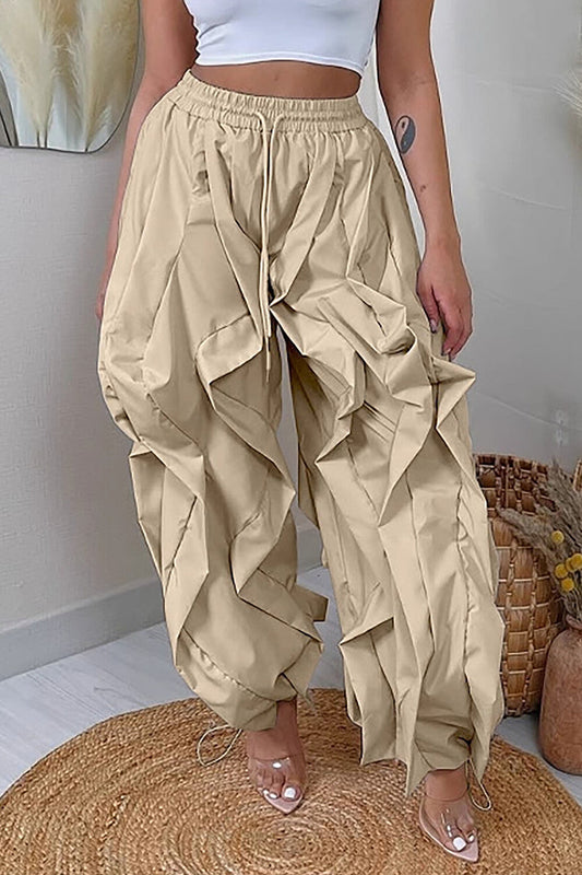 Ruffled Trim Solid Color High Waist Loose Fit Jogger Pants-Khaki