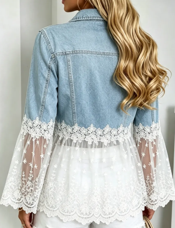 Light Blue Lace Trim Denim Jacket