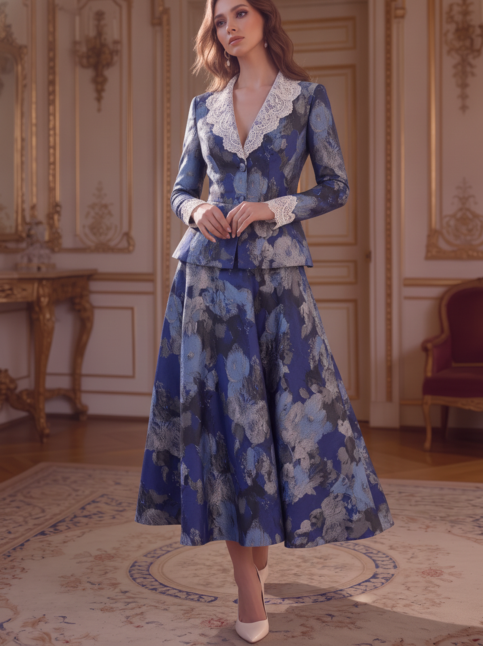 Blue Floral Lace Peplum Suit Set