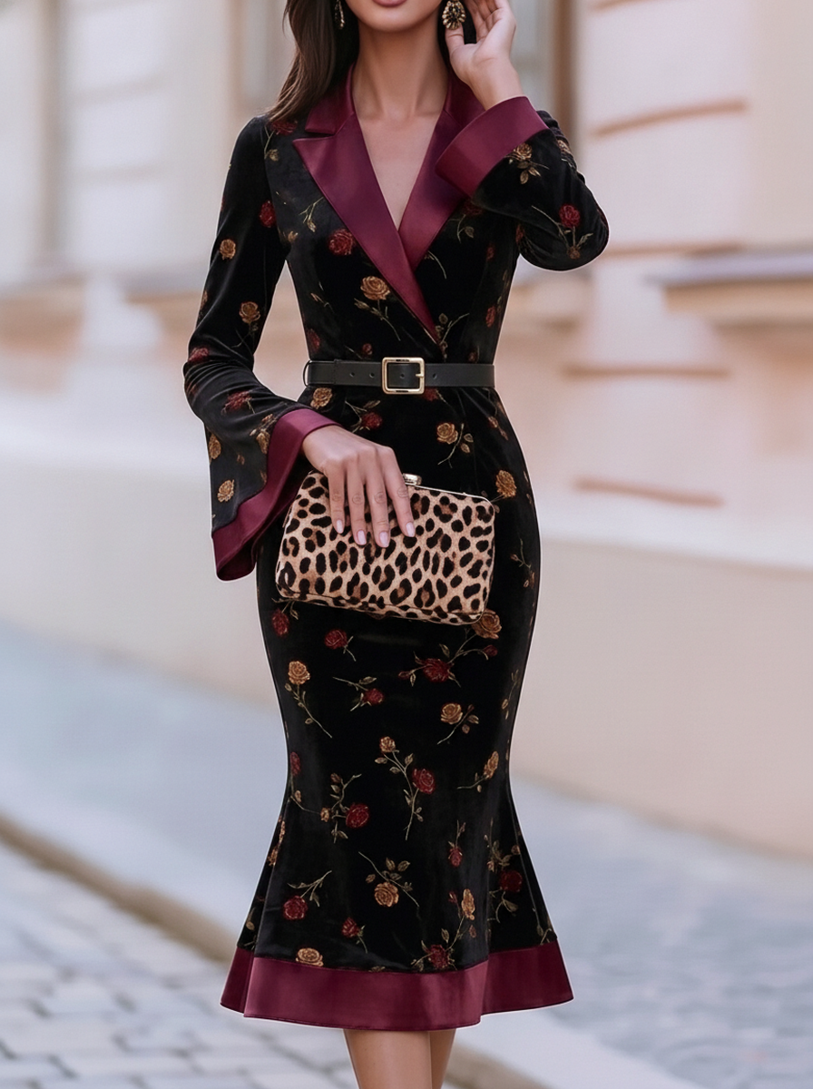 Black Rose Velvet Flare Sleeve Midi Dress