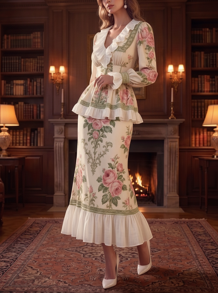 Cream Pink Floral Ruffle Two-Piece Set