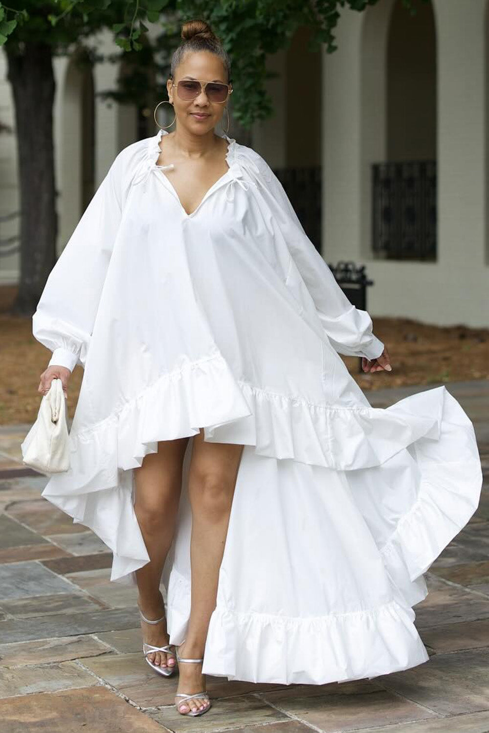 Lantern Sleeve Ruffle Trim Oversize Maxi Mullet Dresses-White [Pre Order]