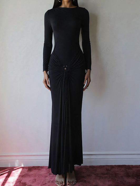 Long-sleeve Ruched Maxi Dress With Metallic Buckle