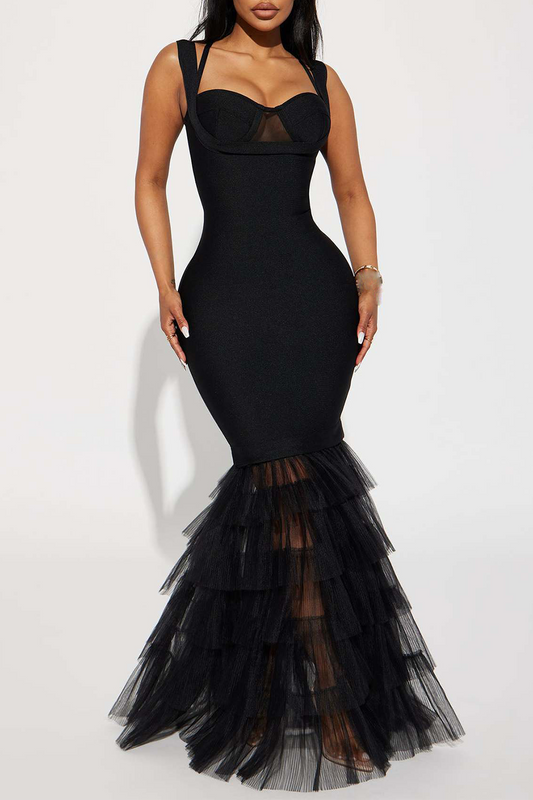 Tulle Patchwork Tiered Ruffled Fishtail Hem Bodycon Slip Maxi Dresses-Black