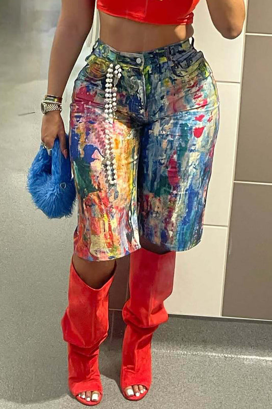 Splash-Ink Painting Print High Waist Denim Fifth Pants-Blue