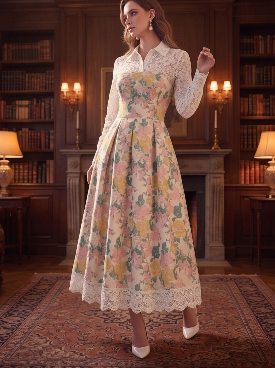 Cream Floral Lace Collar Midi Dress