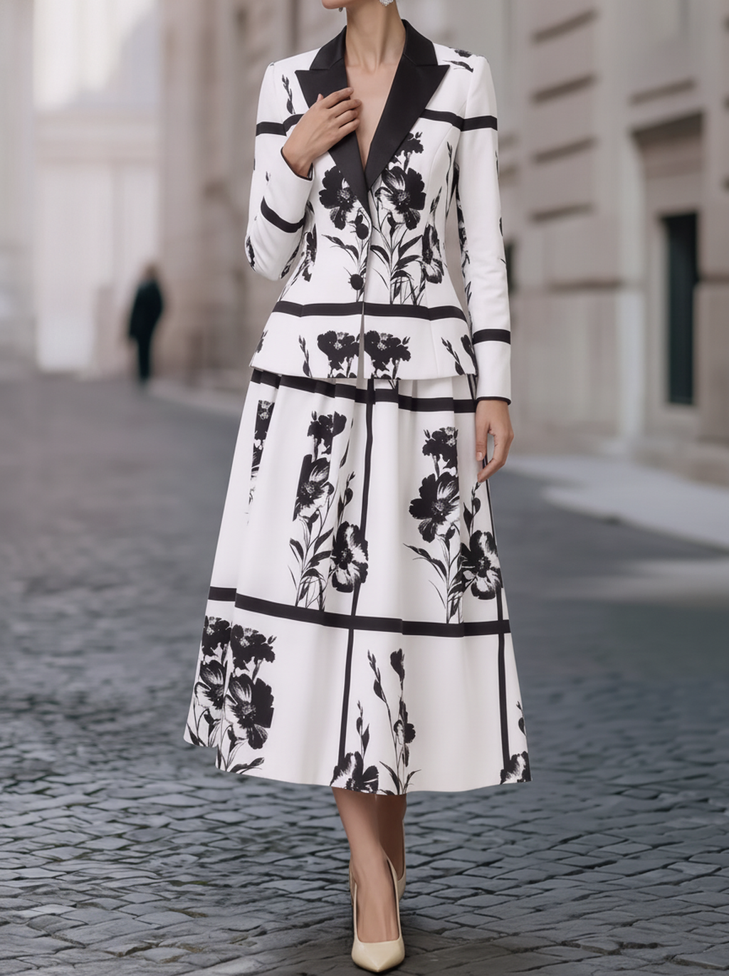 White Black Floral Peplum Skirt Set