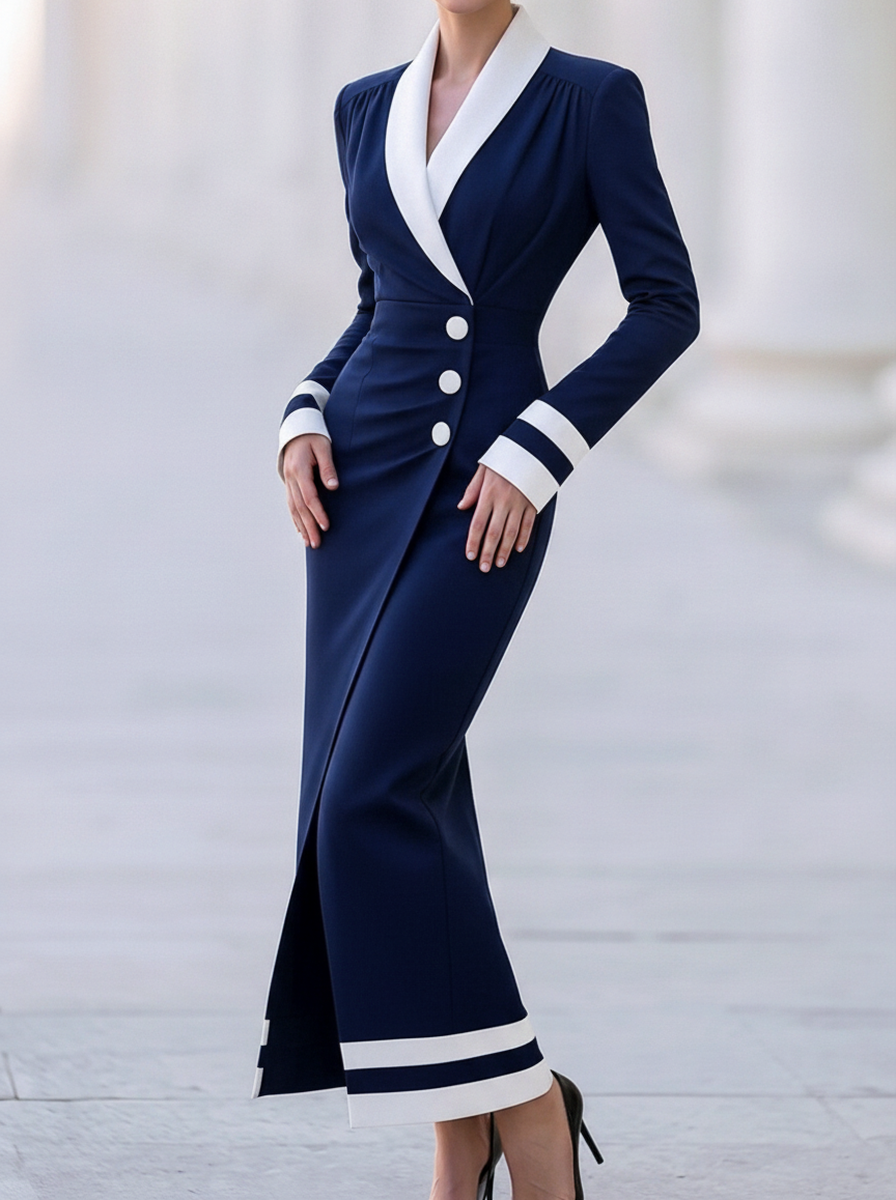 Navy White Collar Slit Midi Dress