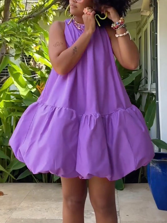 High Waisted Loose Pleated Solid Color Round-Neck Mini Dresses