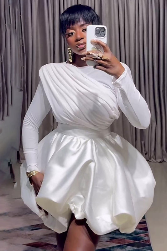 Long Sleeve Asymmetric Layered Party Mini Bubble Dresses-White [Pre Order]