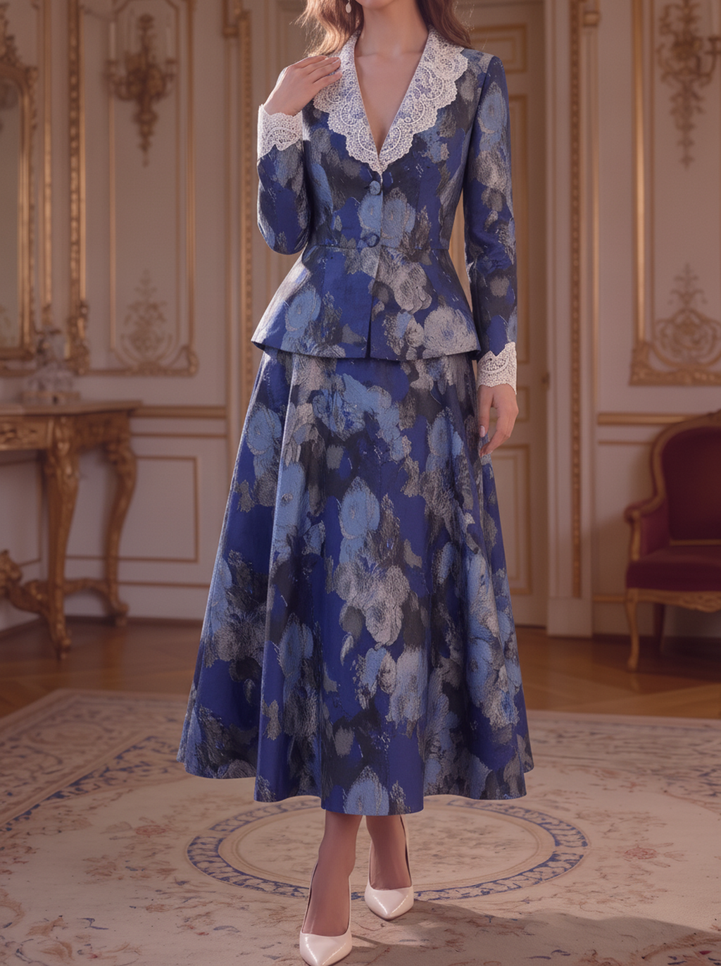 Blue Floral Lace Peplum Suit Set
