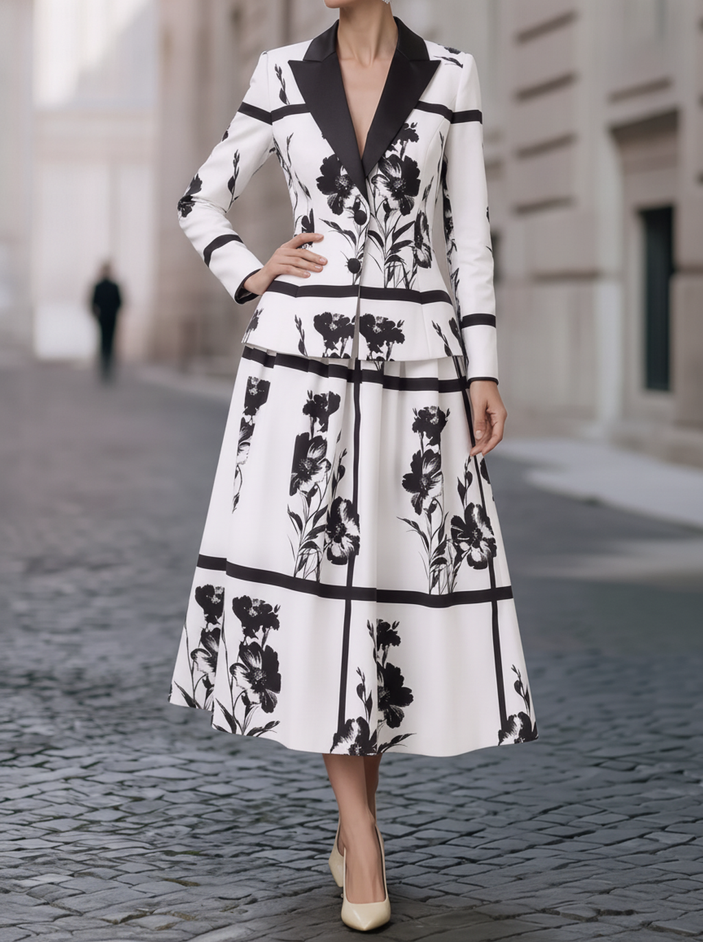 White Black Floral Peplum Skirt Set