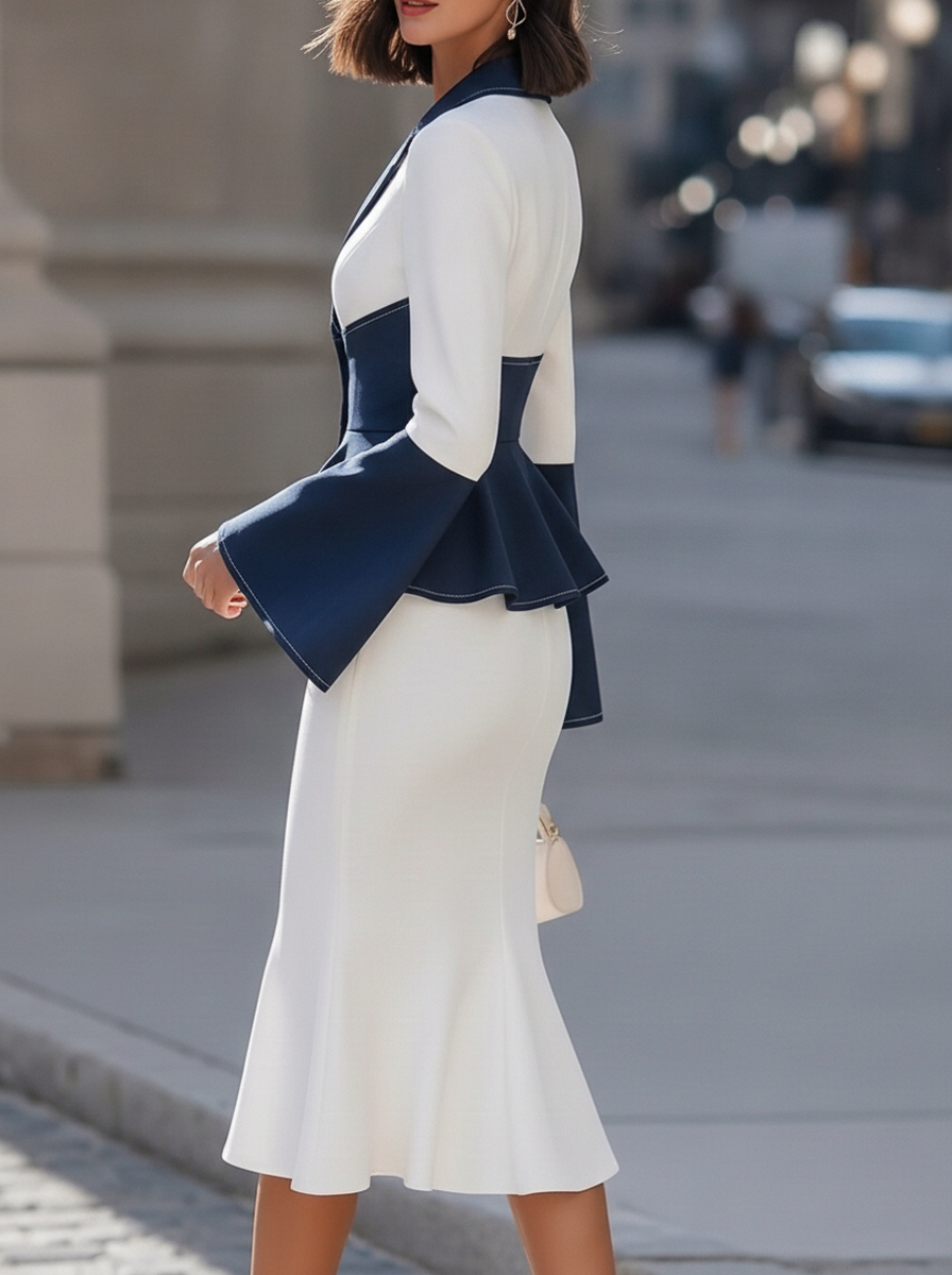 Navy White Contrast Peplum Two-Piece Dress
