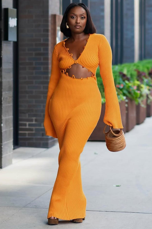 V Neck Cutout Long Sleeve Pit Knit Solid Maxi Dresses-Orange [Pre Order]