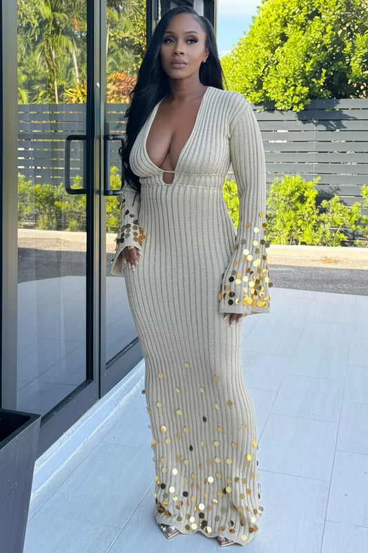 Deep V Neck Bell Sleeve Disco Sequin Knit Maxi Dresses-Beige [Pre Order]