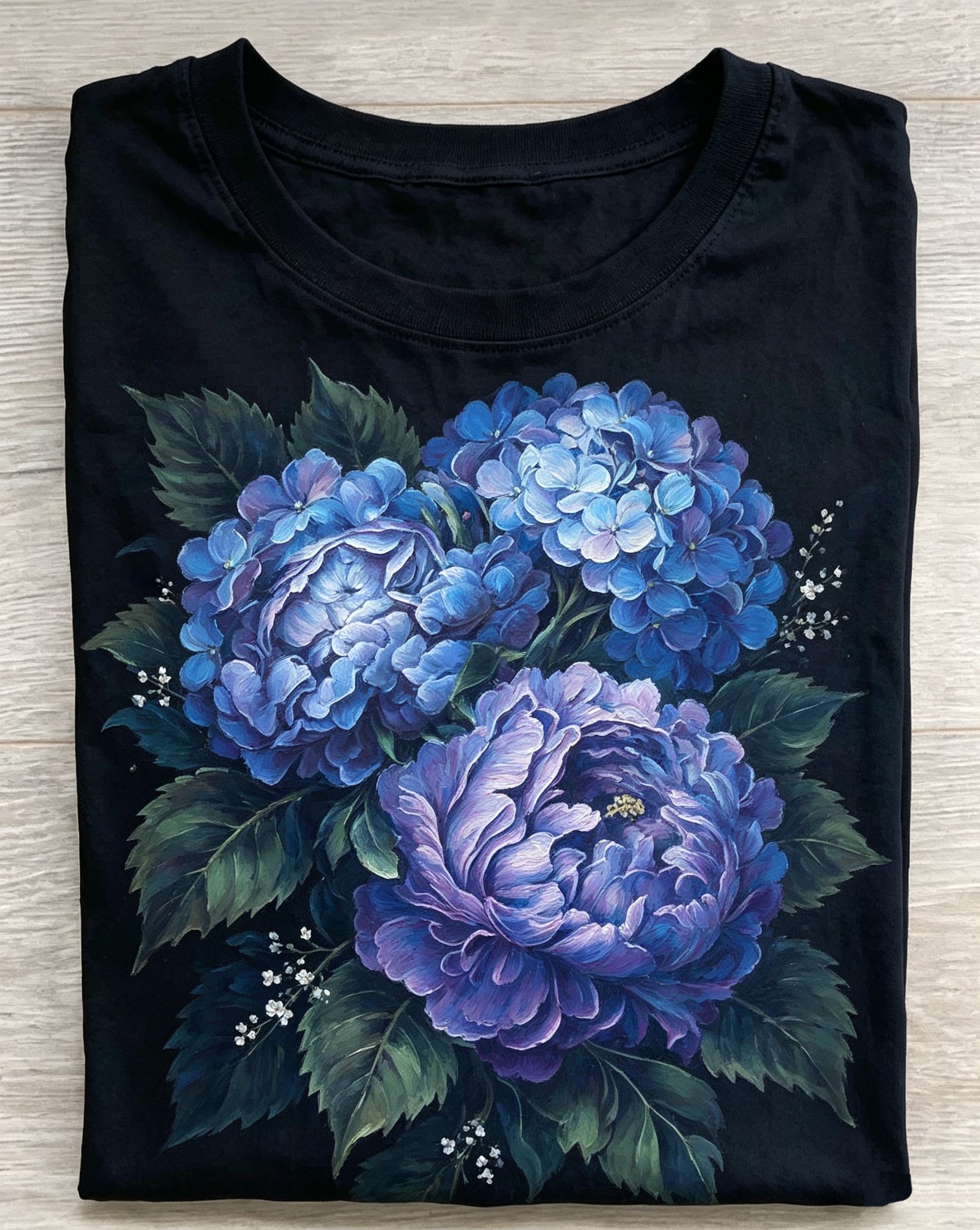 Blue Hydrangea Peony Floral Graphic Tee