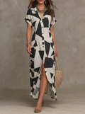 Geometric Abstract Print Short Sleeve Maxi Shirt Dress