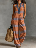 Embroidered Trim Striped Sleeveless Wide-Leg Jumpsuit