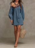 Off-Shoulder Lace Insert Striped Mini Dress