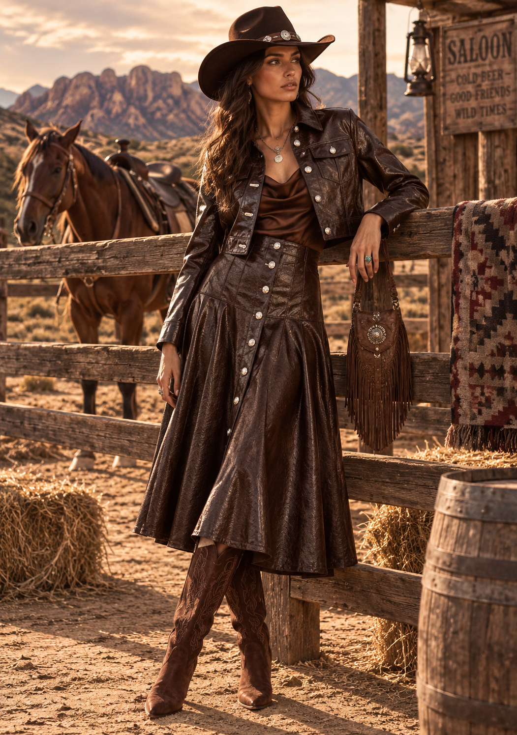 Brown Faux Leather Western Jacket and Skirt Set