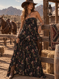 Black Floral Strapless Tiered Maxi Dress