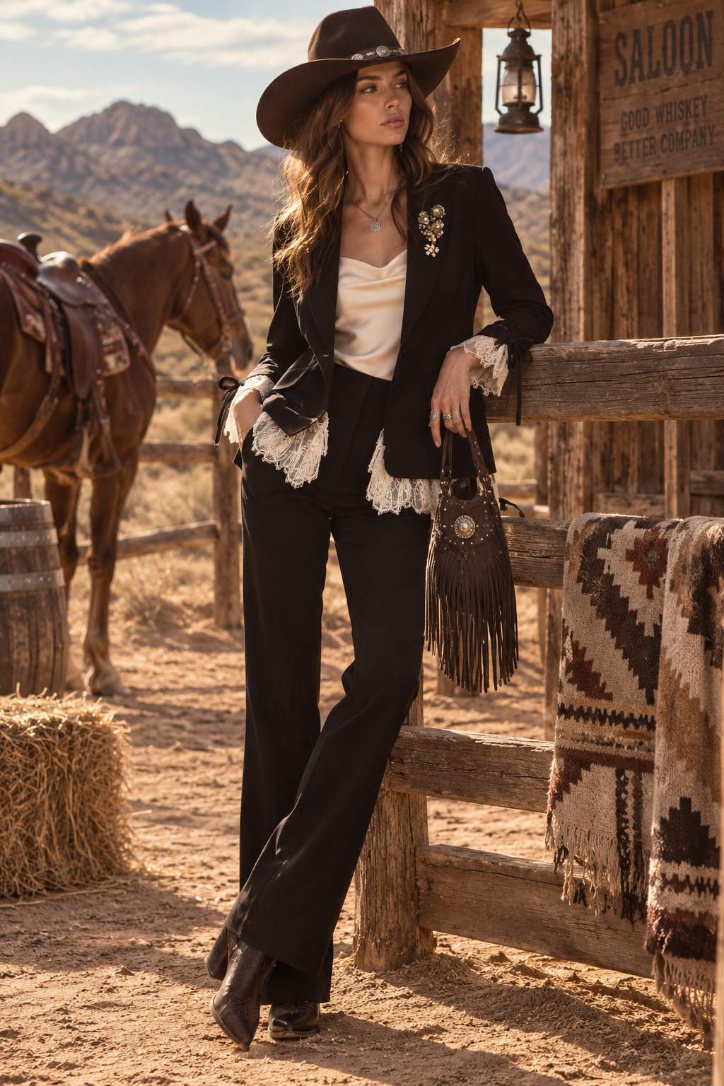 Black Lace Trim Western Pants Set