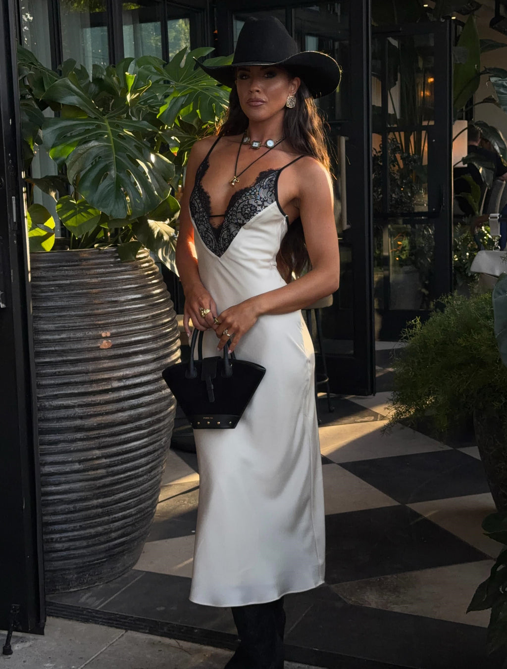 Lace V-Neck Satin Slip Midi Dress