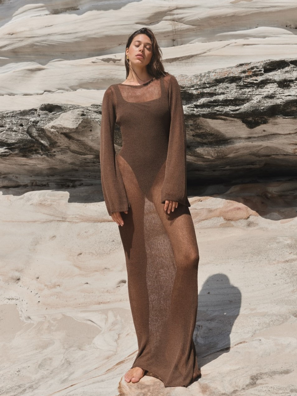 Sheer Knit Long Sleeve Maxi Dress