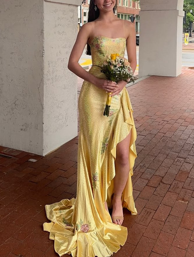 Strapless Floral Sequin Mermaid Gown