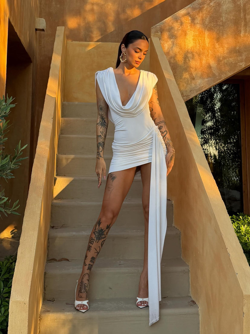 Cowl Neck Draped Sash Bodycon Mini Dress
