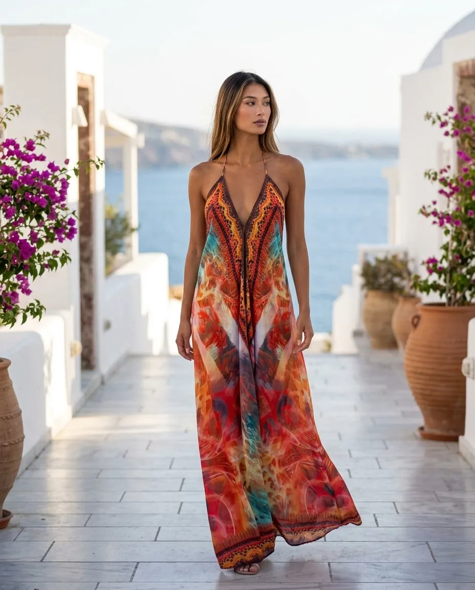 Tribal Print Halter Lace Trim Maxi Dress