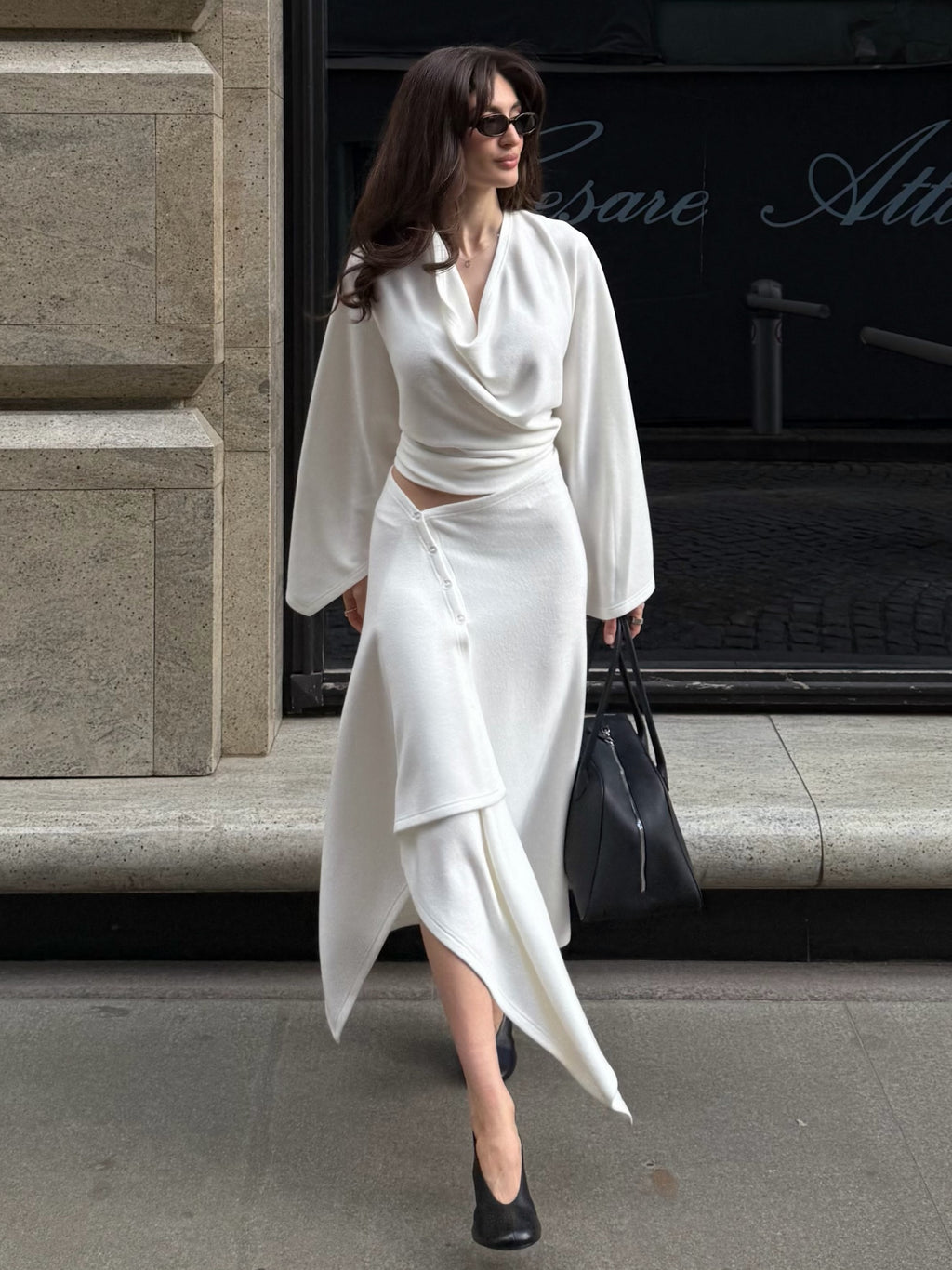 Cowl Neck Asymmetric Draped Skirt Set