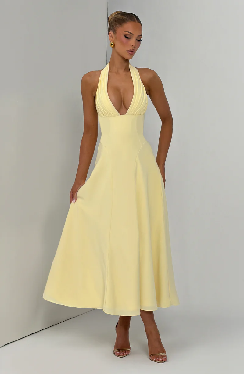 Halter Deep V-Neck Ruched A-Line Midi Dress