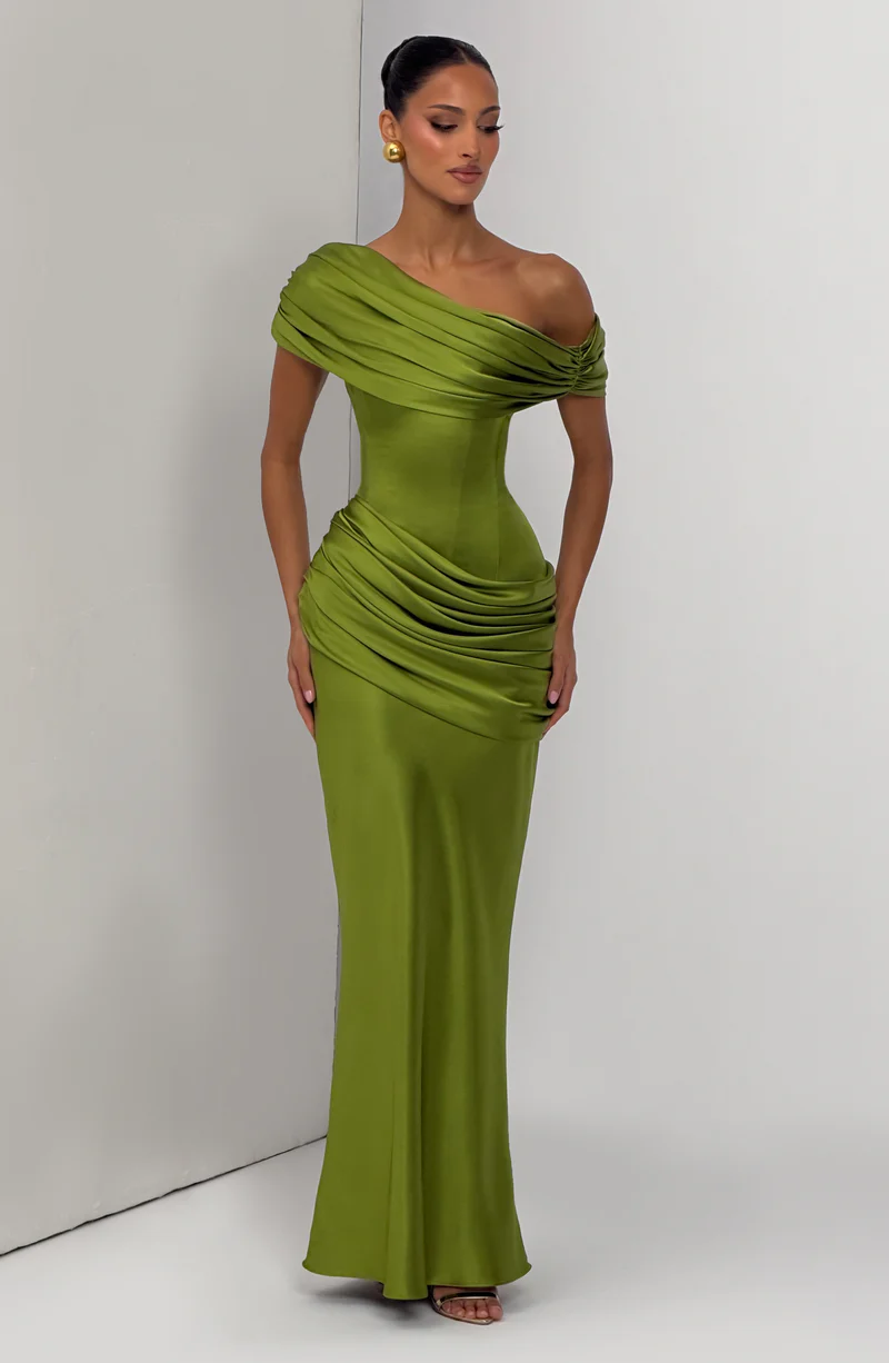 Asymmetric Draped Off Shoulder Maxi Dress