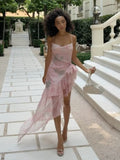 Abstract Print Asymmetric Draped Ruffle Dress