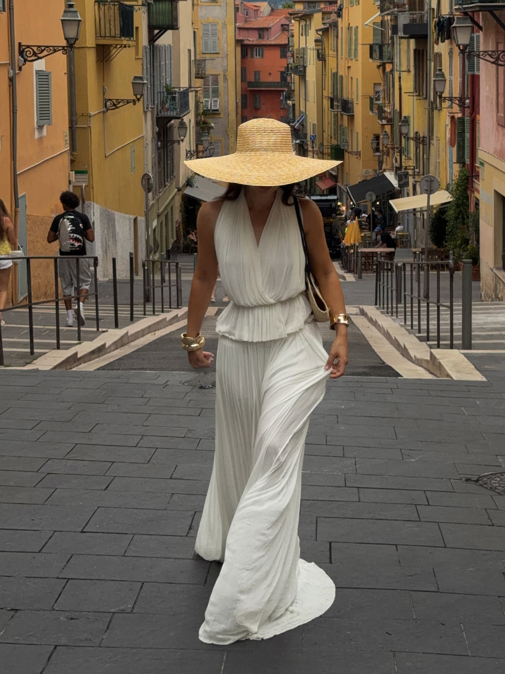 Pleated Halter V-Neck Wide-Leg Jumpsuit