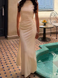 Ruched Boat Neck Sleeveless Maxi Dress