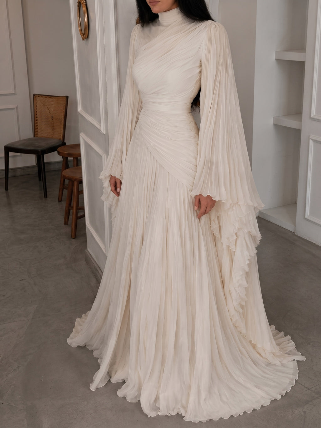 High Neck Ruched Pleated Balloon Sleeve Maxi Dress