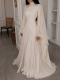 High Neck Ruched Pleated Balloon Sleeve Maxi Dress