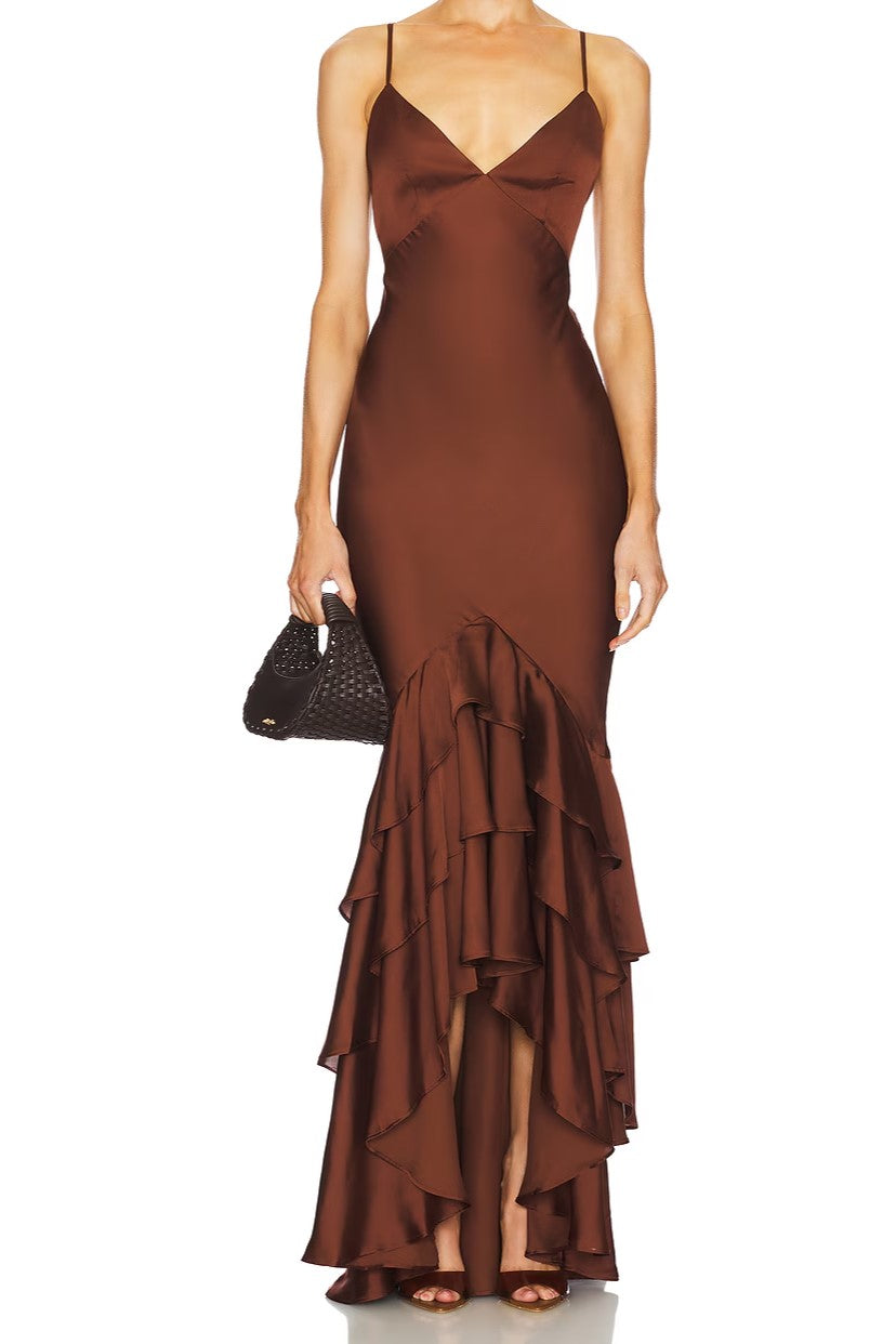 Satin Spaghetti Strap Ruffle Hem Maxi Dress