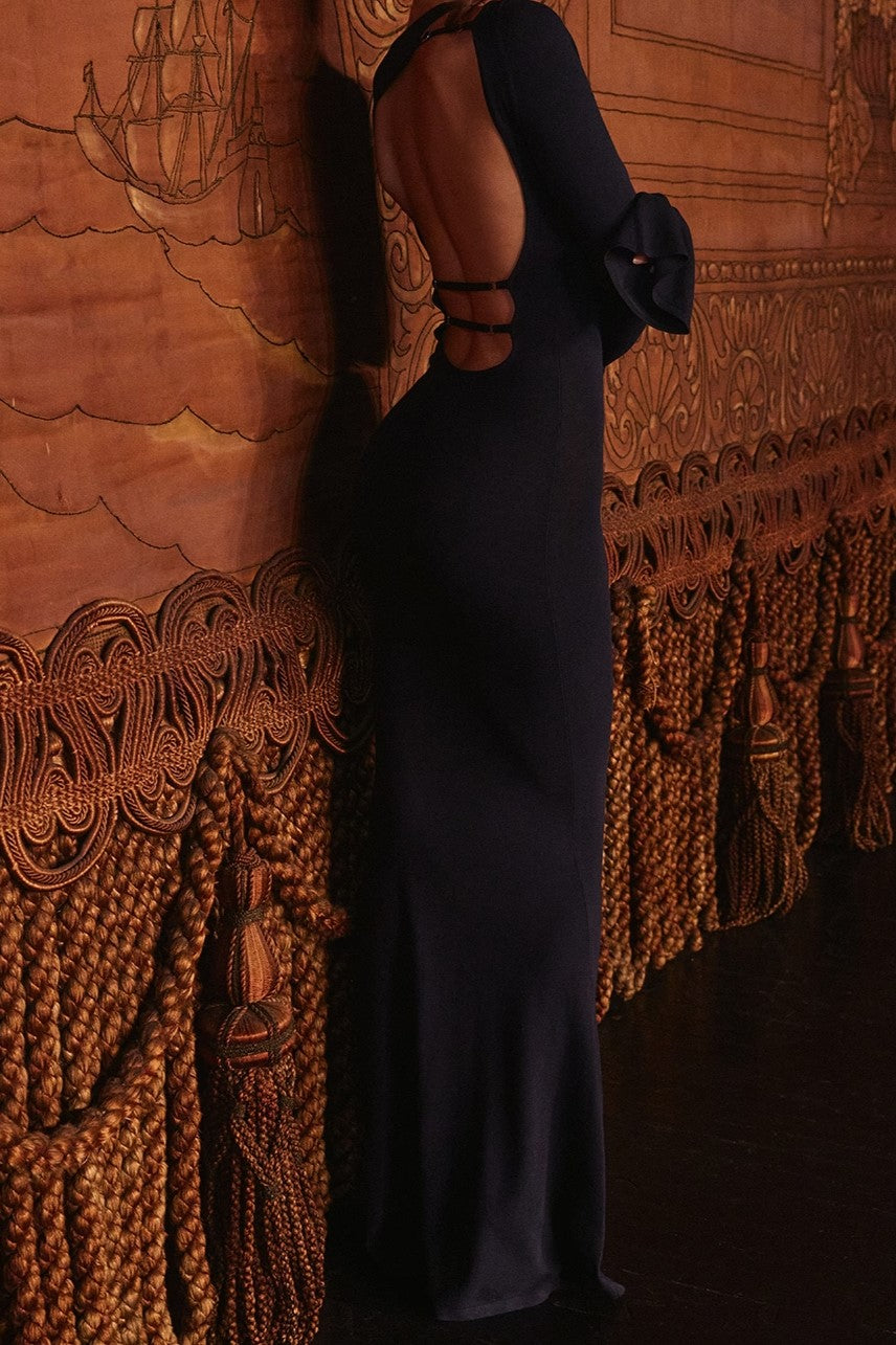 Open Back Bow Detail Long Sleeve Maxi Dress