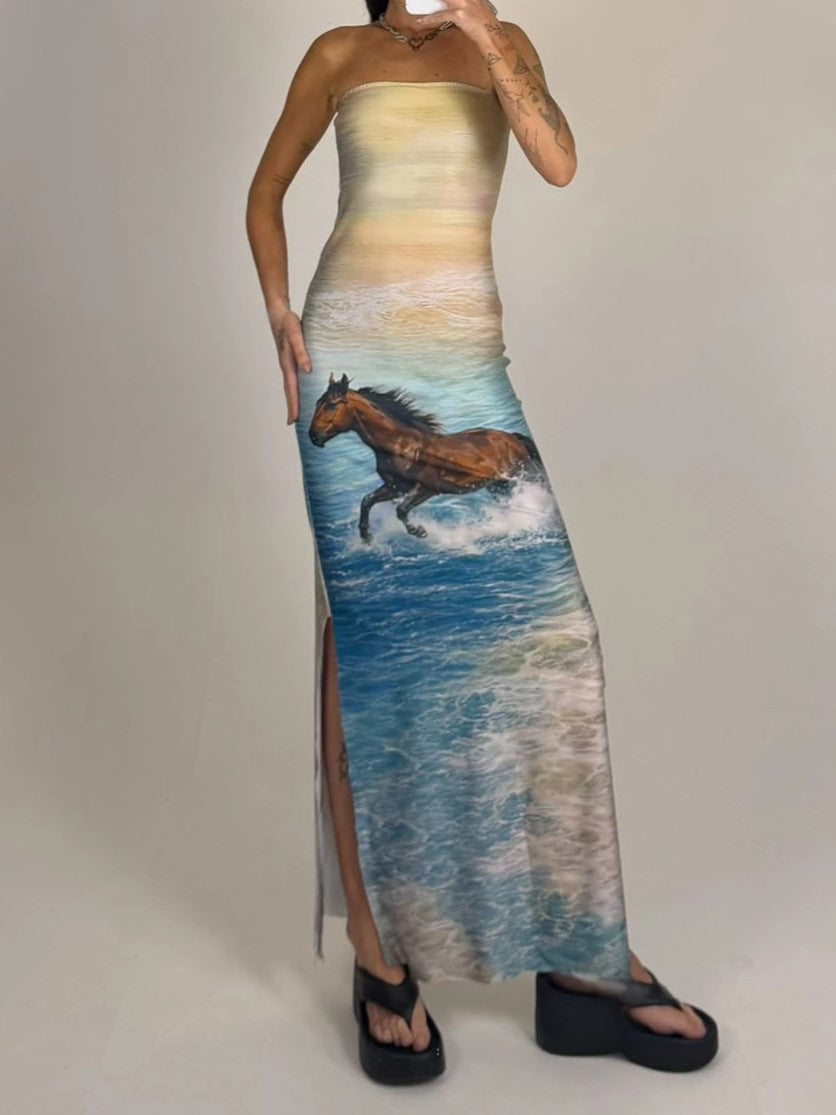 Strapless Ocean Scenery Horse Print Maxi Dress