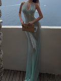 Ruched Halter Sequin Sheer Panel Maxi Dress