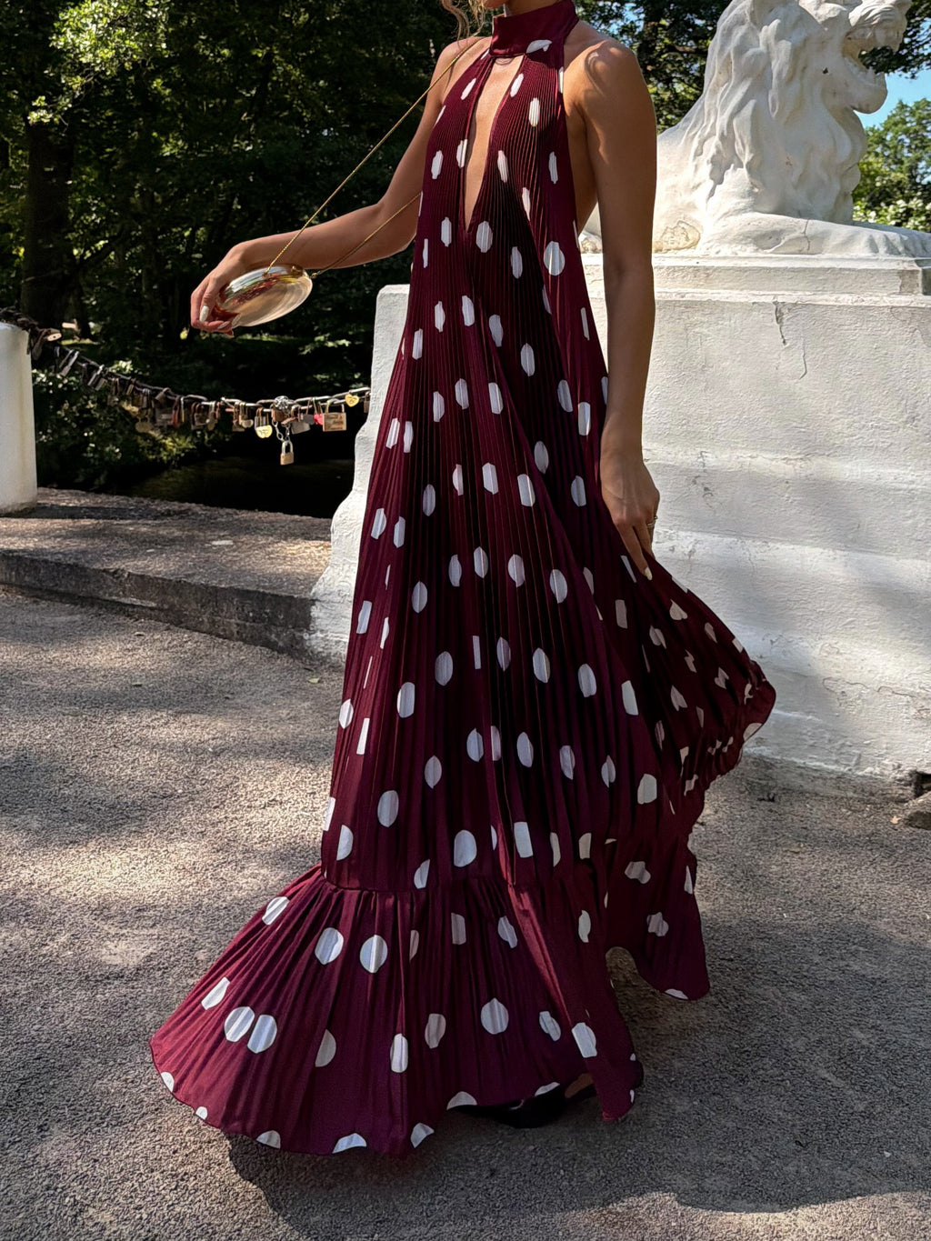 Burgundy Pleated Halter Polka Dot Maxi Dress