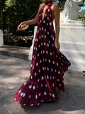 Burgundy Pleated Halter Polka Dot Maxi Dress