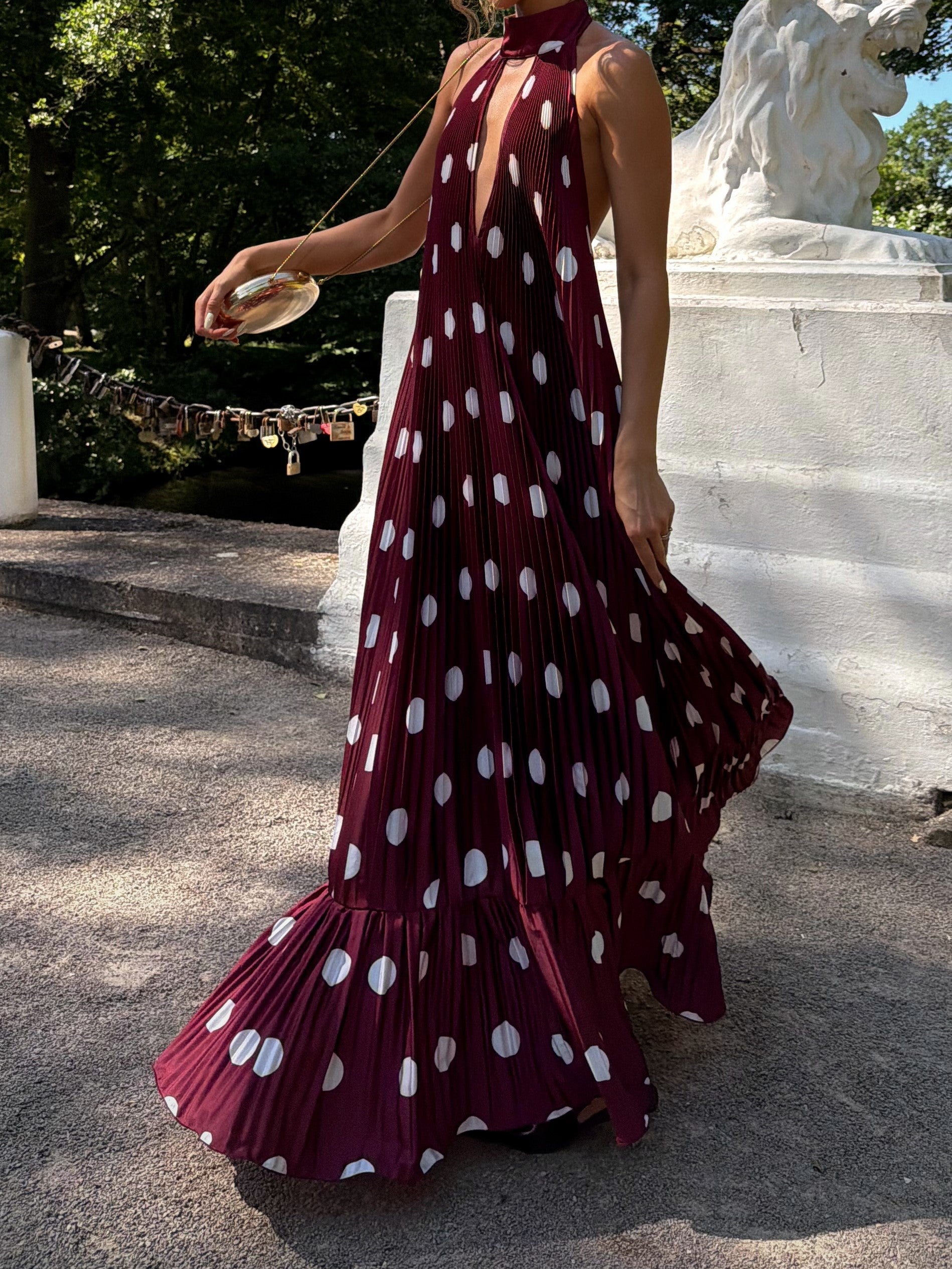 Burgundy Pleated Halter Polka Dot Maxi Dress