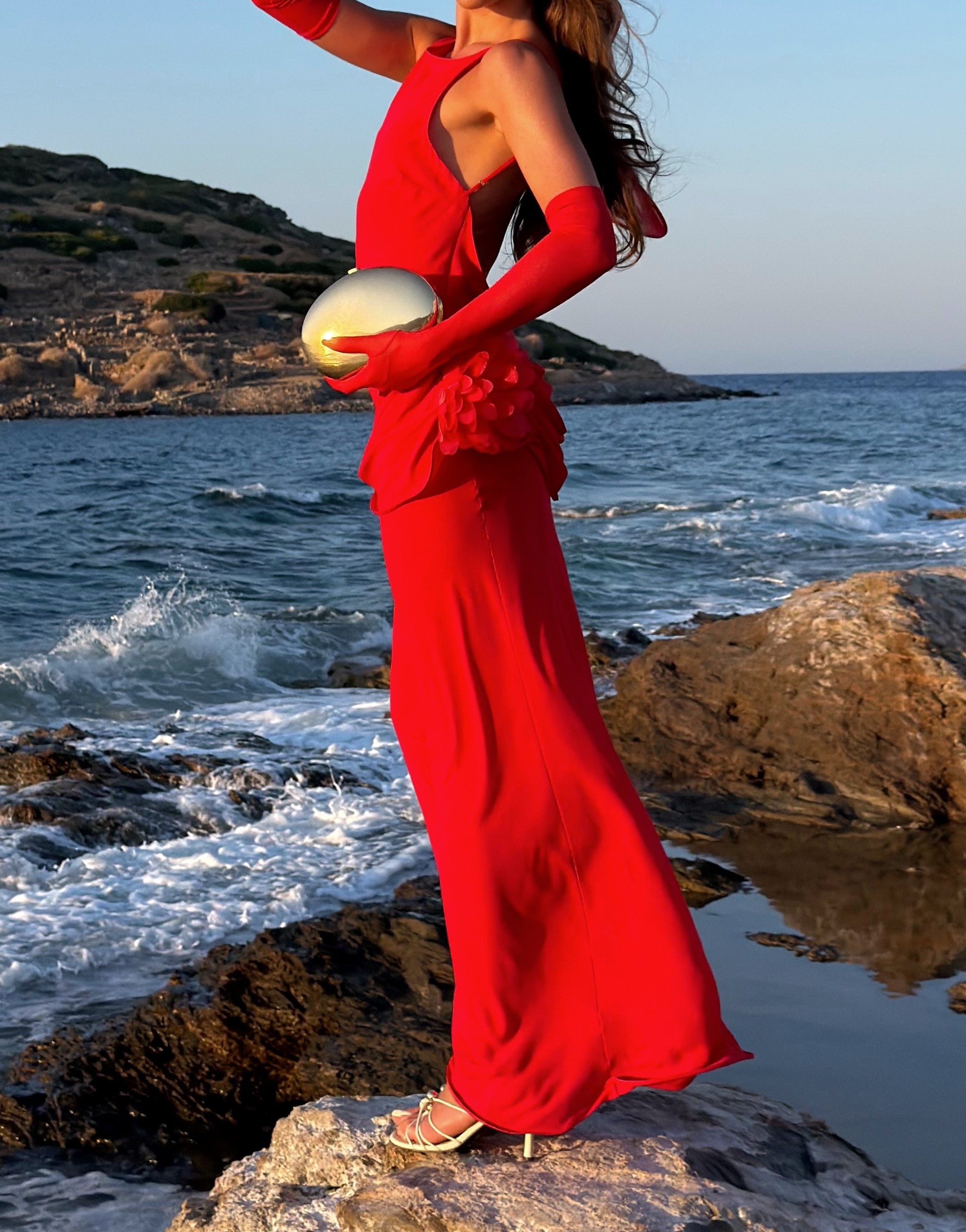 Red Backless 3D Flower Detail Maxi Dress