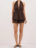 Brown Striped Halter Top And Shorts Two-Piece Set